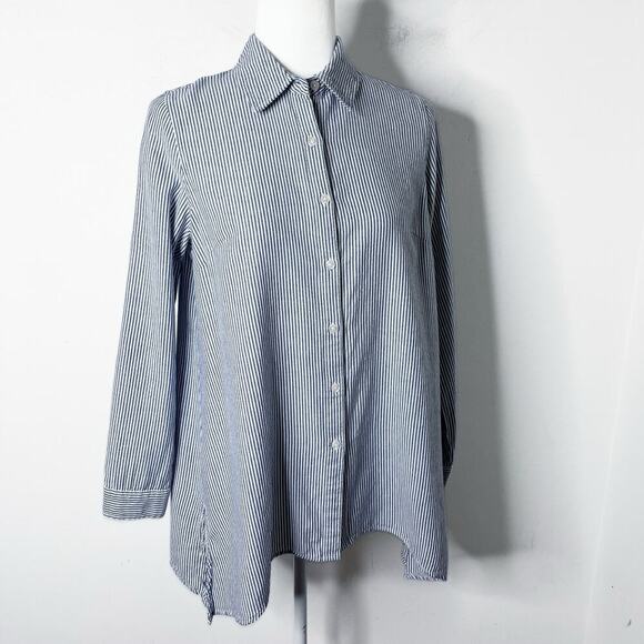Zac & Rachel Button Up Shirt S Blue & White Striped Asymmetric Hem Long Sleeve - Picture 4 of 12